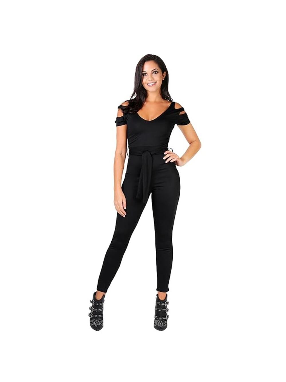 Krisp Black Cut-Out Cold Shoulder Short Sleeve Jumpsuit Women's Size 8